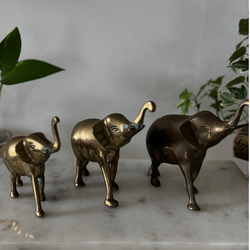 Vintage Brass Elephant Family Set of 3 Gold Safari Figurines Decor
